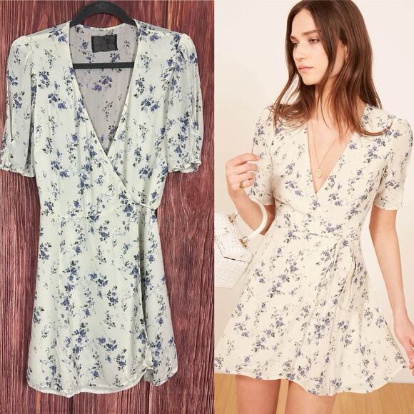 Reformation Lucky Dress Cream Blue Floral Wrap Dress Girly Coquette Size Large L - Picture 1 of 8